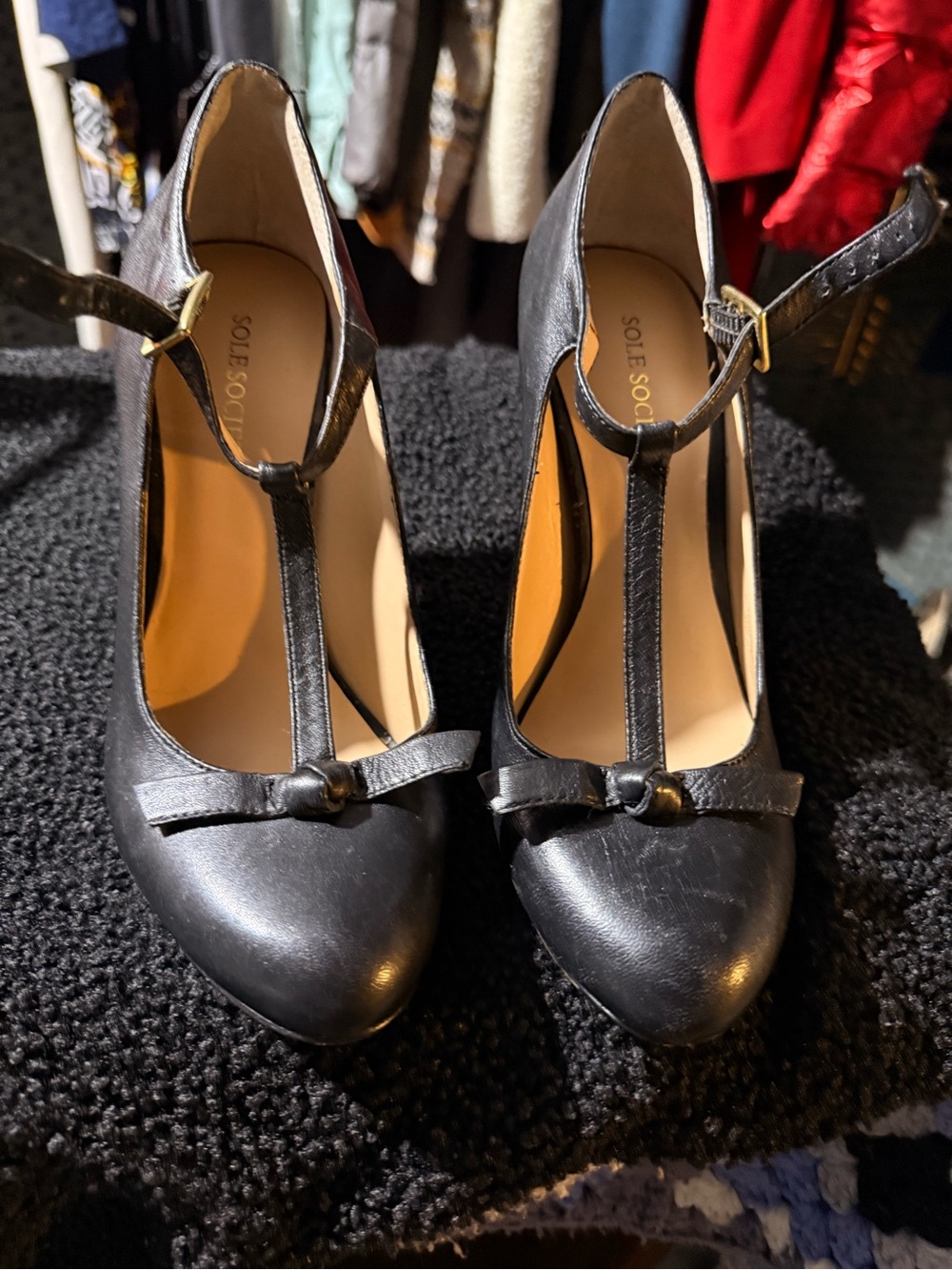 Sole Society Black T-Strap Heels with Bow Detail